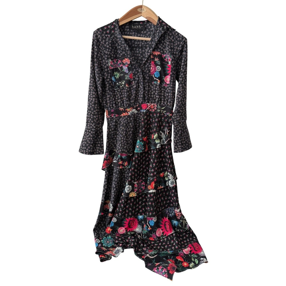 Nicole‎ Miller Collection Mixed Floral Ruffle Midi Dress Black Multi Size 2